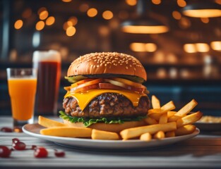 The fresh and delicious cheeseburger with fries on a table against blurred Restaurant background.