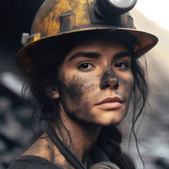 Miner exiting a coal mine covered in dirt and soot. ai generative