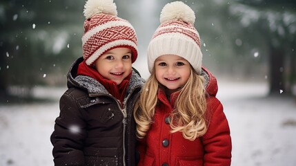 Children’s Christmas portrait outside. Decorated Christmas tree in snowy winter holidays outdoor. Happy children having fun..