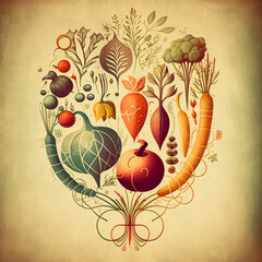 Wall Mural - Minimalist retro illustration with vegetables and fruits. Abstract contemporary modern art. Vintage style.