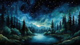 Fototapeta  - Akwarelowy las nocą z płynącą rzeką i niebem pełnym gwiazd. 