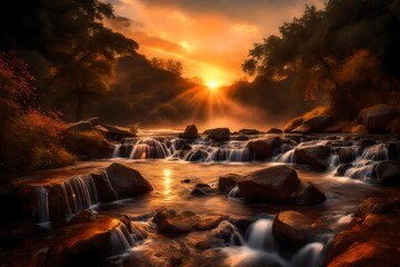 Wall Mural - beautiful sunset over the waterfall