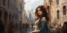Beautiful Girl With Dress In Medieval City, Fantasy Digital Painting