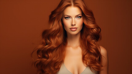 Wall Mural - Redhead girl with long and shiny wavy red hair. Beautiful model with curly hairstyle