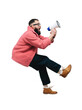 © San4ezz007 - Funny portrait of an emotional jumping guy with a megaphone. Collage in magazine style. Flyer with trendy colors, advertising copy space. Discount, sale season. Information concept. Attention news!