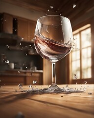 A glass with water and splashes shatter and shards fly on the table, on the blurred background kitchen, the idea of conflict and frustration