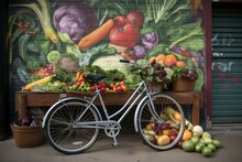 A Bicycle Next To A Wall Featuring A Mural Of Various Vegetables, With Produce Placed In The Bike Basket. Generative AI