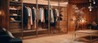 Blurred dressing room with clothes in a large wardrobe