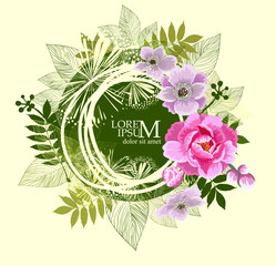 Wall Mural - Round watercolor template with green leaves and circular place for text. hand drawing with pink flowers. Not AI, Illustrat3. Vector illustration