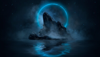 Wall Mural - dark fantasy mountain landscape, river bank, neon circle,. reflection in water. 3d illustration