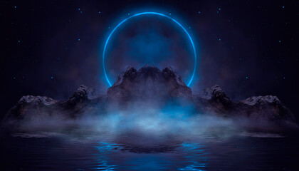 Wall Mural - Dark fantasy mountain landscape, river bank, neon circle,.  reflection in water. 3D illustration