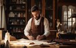 © piai - A cute tailor male with beard and glasses working near wooden table in an  amazing atelier with antique furniture