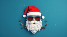 Creative Christmas Composition. Greeting Card, Invitation Or Flyer. Santa Claus Hipster With Hat, Beard And Sunglasses On Blue Background
