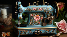 Decoupage Vintage Sewing Machine: A Vintage Sewing Machine Beautifully Decoupaged With Sewing-themed Motifs, A Nod To Crafting History