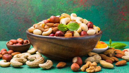 Wall Mural - mixed nuts in bowl mix of various nuts on colored background pistachios cashews walnuts hazelnuts peanuts and brazil nuts