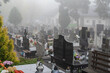 Warsaw, Poland - October 24, 2023: Graves in the cemetery on a cloudy, foggy day. Weather for All Saints' Day. Candles and flowers on graves.