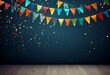 background colorful triangular flags of decorated celebrate happy birthday  party,  bunting flags garland , vintage tones, copy space for text, birthday card banner