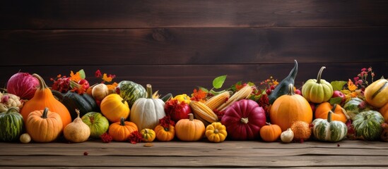 Sticker - Autumnal fruits and gourds on rustic wooden table for harvest or Thanksgiving background