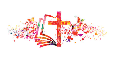 Sticker - Colorful bible with christian cross isolated vector illustration. Religion themed background