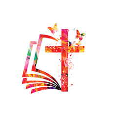Wall Mural - Colorful bible with christian cross isolated vector illustration. Religion themed background