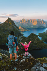 family travel lifestyle father hiking with child mountain adventures in norway healthy lifestyle out