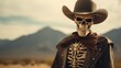 Skeleton cowboy with hat and desert background, copy space, 16:9