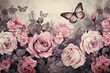 Różowe róże w styl akwareli z latającymi motylami w tle. 