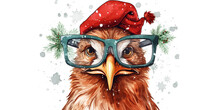 Funny Chicken With Glasses In Christmas Outfit. Cool Bird. Animal Illustration