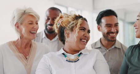 Wall Mural - Happy employees, staff and a funny team together at a office laughing at a business conversation for smile and a positive mindset at work. Diversity men and women talking about comedy and community