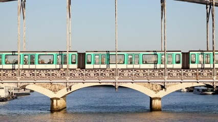 Wall Mural - Train of Parisian subway (line 5) passing on Austerlitz viaduct over the river Seine in Paris