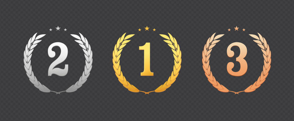 Wall Mural - Gold, Silver, Bronze medals Vector. Badge set with First, Second, Third placement Achievement. Round Label With Wreath. Winner Prize. Competition Trophy
