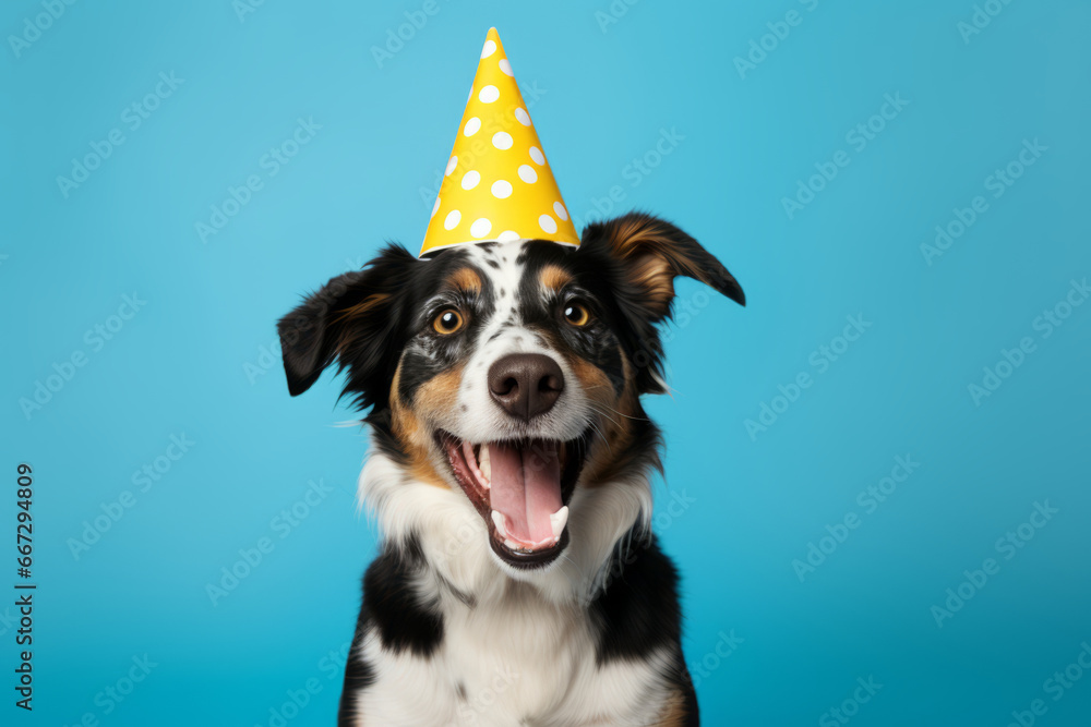 Cute dog celebrating it's birthday with party hat on and confetti ...