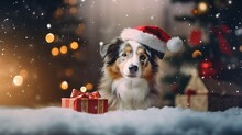 Celebrating Yuletide With Adorable Canine Companion - Cute Portrait Of Black And White Australian Shepherd Puppy In A Festive Mountain Setting