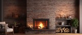 Fototapeta  - A brick fireplace with a vertical insert burner or furnace