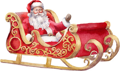  Santa in sleigh.  Santa Clause PNG. Watercolor Christmas illustration