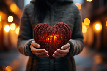 Wall Mural - Health heart and general care, giving sharing love, Valentine's day and healthcare love concept. Woman's hands in sweater gently hold a red knitted heart made of threads on a bokeh background.