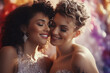 © Ирина Батюк - Lesbian couple embracing for the marriage. Two girls have a love, lgbtq, married wedding, girlfriend couple, pride month homosexual relationship hugs wedding dress.
