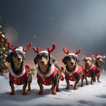 Dachshunds As Reindeer In Santa's Sleigh Graphic For Christmas