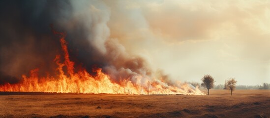 Wall Mural - Destructive fire spreading through dry grass in countryside