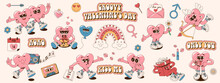 Collection Of Retro Groovy Hippie Lovely Hearts Characters. Cartoon Romantic 60s, 70s Vintage Happy Valentine's Day Stickers, Stamps Or Patches. Vector Illustration In Pink, Blue And Yellow Colors.