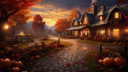 Canvas Print - Halloween house with pumpkins and trees, AI