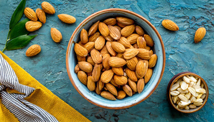 Wall Mural - fresh healthy almond in bowl on colored table background top view