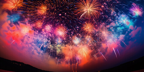 Wall Mural - a kaleidoscope of fireworks, multi - color bursts filling the sky, extreme wide - angle