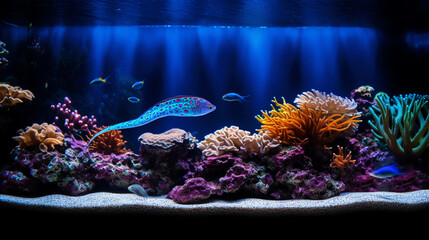 reef tank, focusing on the interaction between a cleaner shrimp and a moray eel