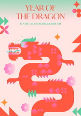 Year of the dragon 2024.Chinese New Year greeting banner template.Festive vector background in flat modern style with geometric symbols.Holidays design for branding,invitations,prints,social media