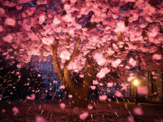Wall Mural - fireworks through the leaves of a cherry blossom tree, pink and white petals illuminated by the pyro