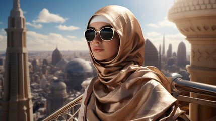 Canvas Print - A woman in a hijab and sunglasses looks out over a city. Generative AI.