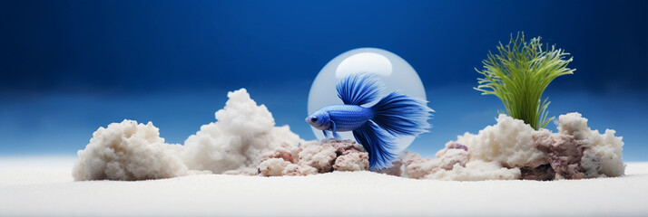 Wall Mural - nano tank focusing on a single betta fish, royal blue scales, amidst minimalist décor of white sand 