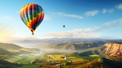 Wall Mural - Hot air balloon flying over a valley with mountains and farmland, AI