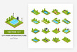 City park infrastructure isometric set elements. Collection of vector modern urban futuristic city park infrastructure buildings of creative shapes and green plants isolated. Color Editable Eps 10